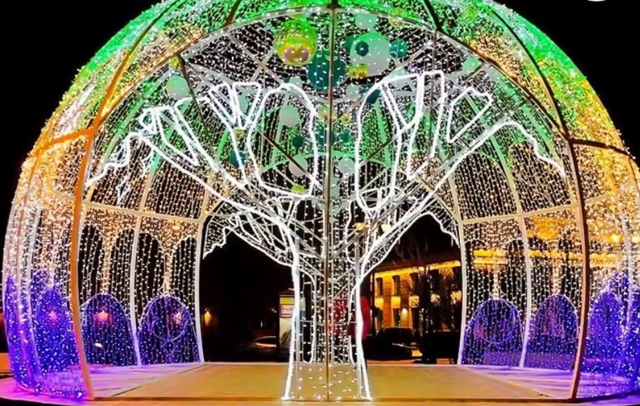 Massive illuminated dome with rainbow LED architecture